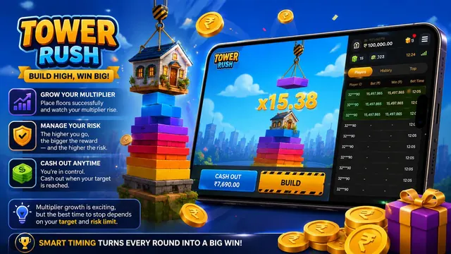 Tower Rush mobile view — portrait crash game running in an Android browser in India
