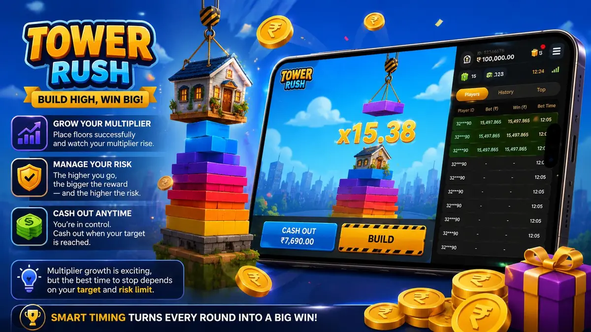 Tower Rush by Galaxsys — crane stacking floors on a rising tower in the India crash game