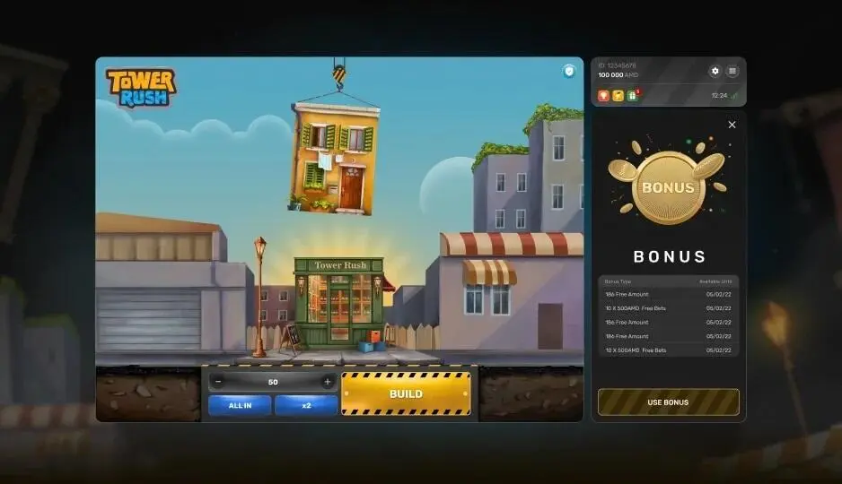 Tower Rush screenshot — crane lining up the next floor on the tower