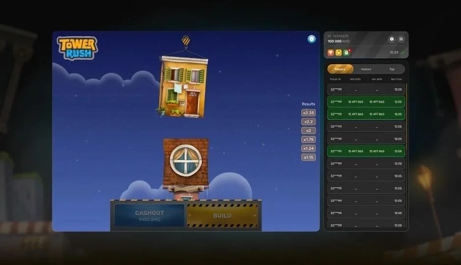 Tower Rush screenshot — high tower with a large compounded multiplier