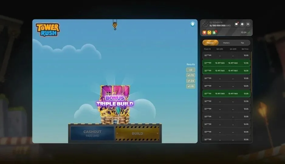 Tower Rush screenshot — cash out moment securing the win